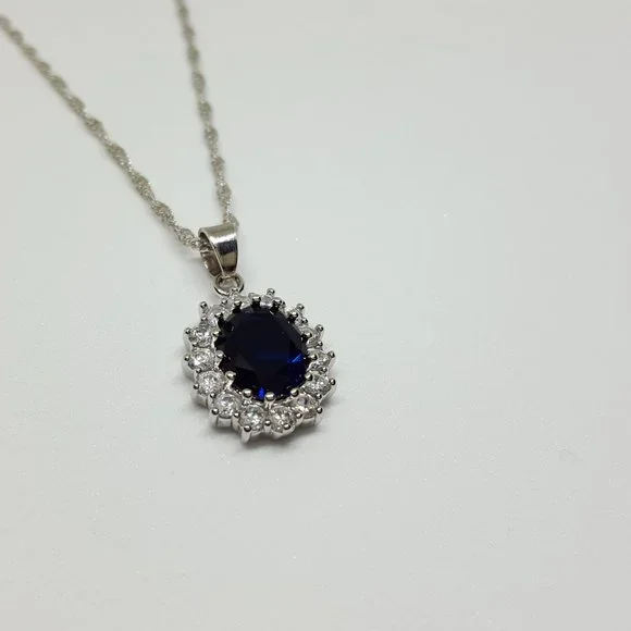 Fifth Avenue Vintage British Princess Wedding Blue Sapphire Pendant Necklace - Picture 11 of 12